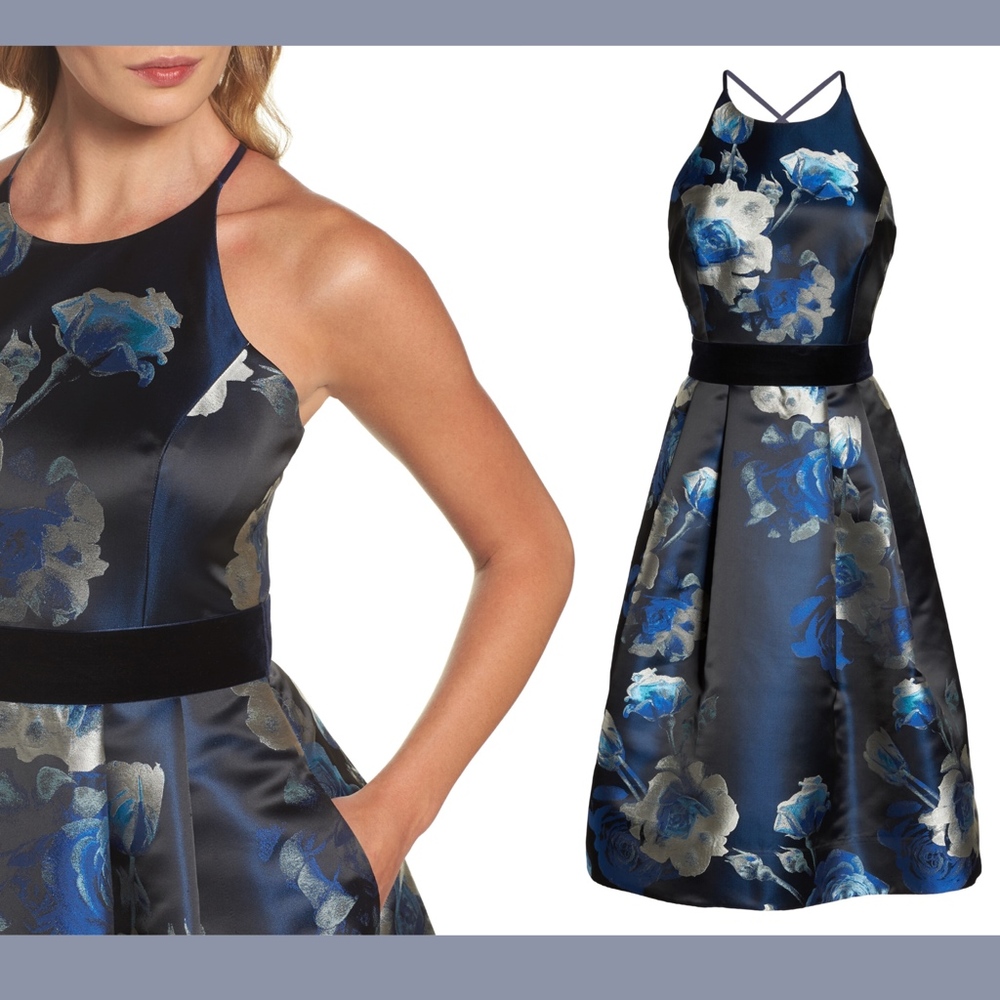 NWT $208 Eliza J Floral Jacquard Fit‎ & Flare Dress in Blues [SZ 10 ] - Picture 2 of 8